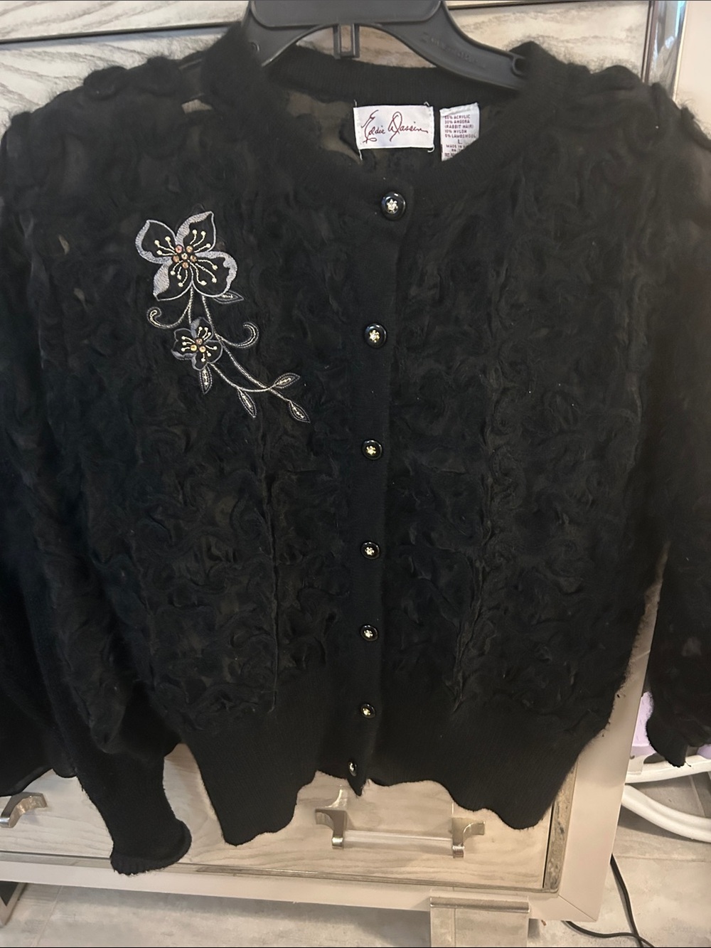 Angora and lamb wool blend black floral Applique Knit Cardigan Sweater